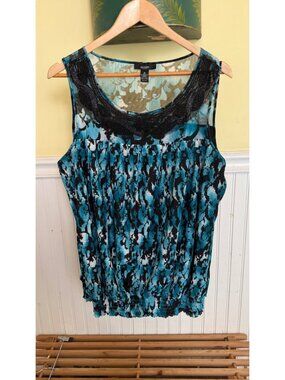 Alfani Woman Sleeveless Blue & Black Abstract Print Top With Beaded Neckline 1X